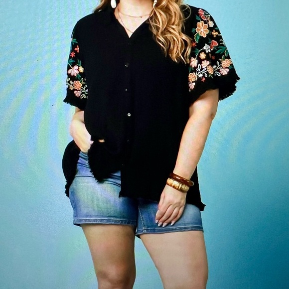 Umgee Tops - Umgee Black Boxy Embellished Button Down Shirt Plus Size